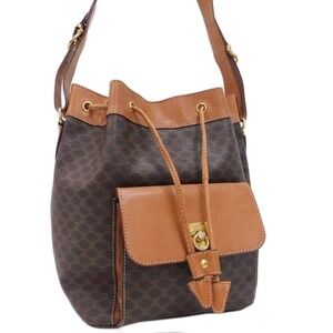 Celine Drawstring Shoulder Bag Brown Leather Macadam